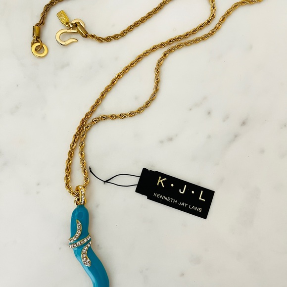 Kenneth Jay Lane Blue & Gold Snake Pendant Necklace Enamel & Golden Chain KJL - Picture 5 of 10